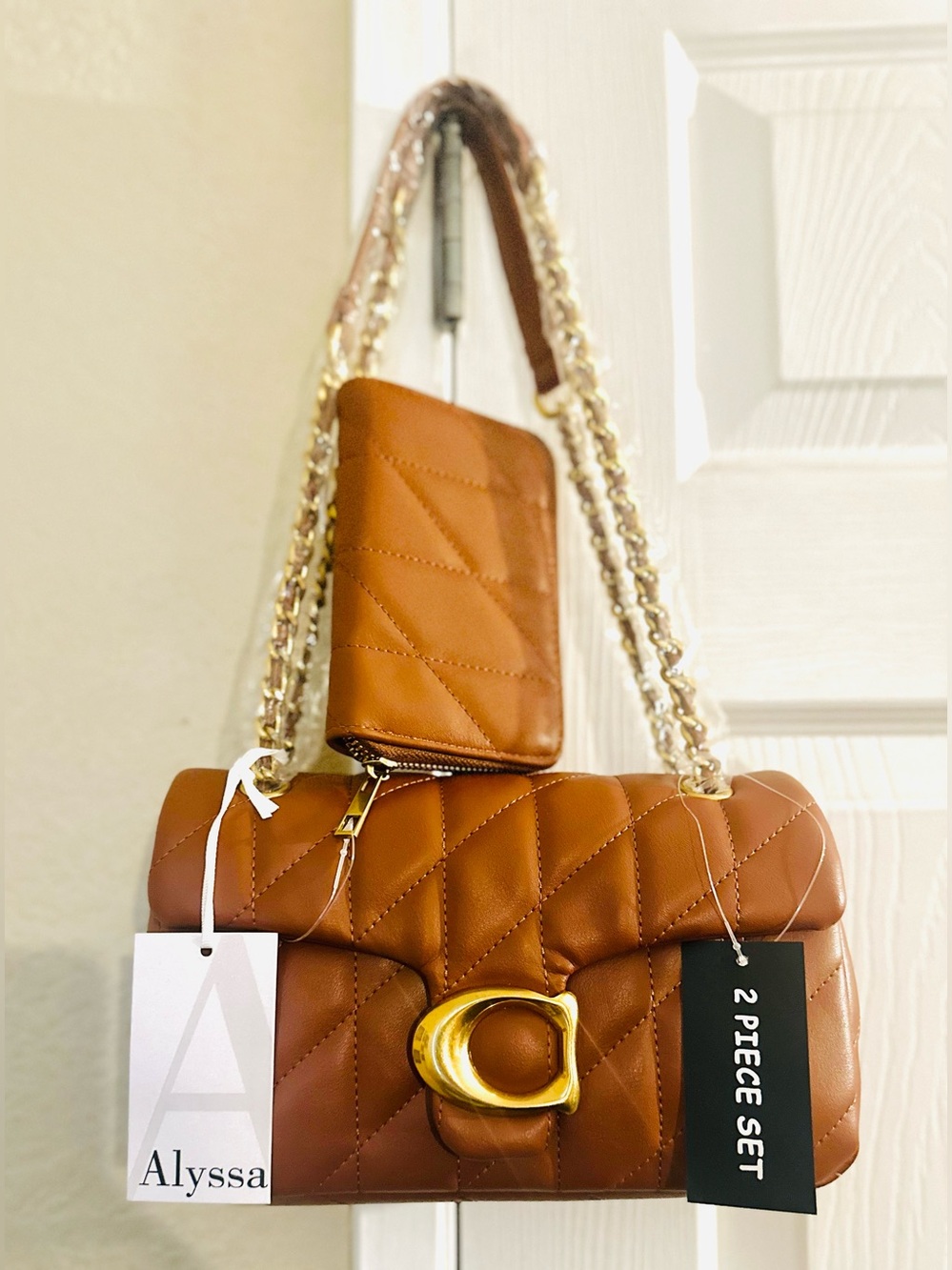 inspired Quilted Tan Shoulder Bag - 2 Piece Set with matching wallet